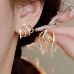 W Shape Zircon Korean Earring Cuff Earrings that Look Like Multiple Piercings for Women - Golden - Image 3