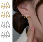 W Shape Zircon Korean Earring Cuff Earrings that Look Like Multiple Piercings for Women - Golden - Image 4